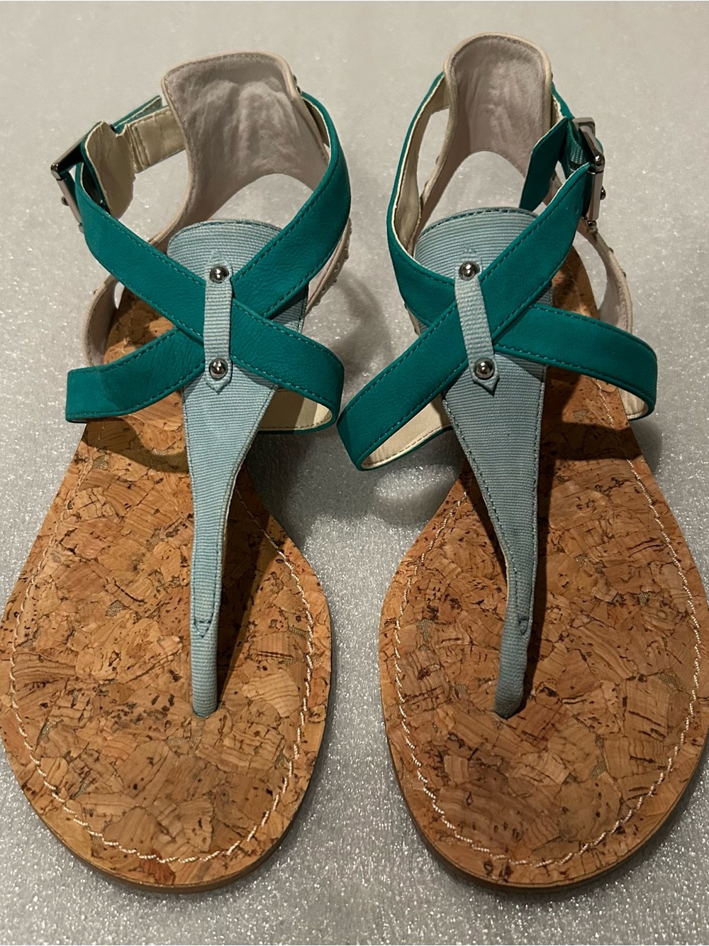 Gianni Bini Leather Cork T-Strap Sandals Turquoise Studded Size 8M